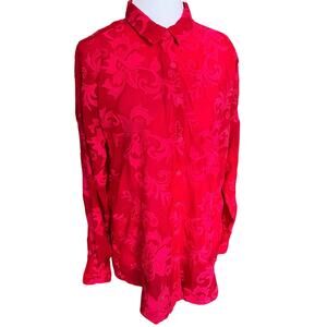 Johnny Was Red Floral Burnout Blouse Button Front XS Cupra Rayon Long Sleeve